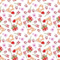 Seamless pattern with teddy bear, heart, gift, lollipop, candies. For web backgrounds, fabrics, wrapping paper, decoration. Ideal for baby clothes, textiles, packaging, web backgrounds, fabrics vector