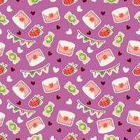 Seamless pattern for valentine's day. With candy, envelope, garland and strawberries. Cute Holiday Background Pattern. On a pink background vector