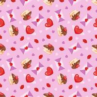 Hand drawn seamless pattern with cake, envelope, heart with wings, lips and heart shape. Stock image on a pink background. Pattern with cute Valentine accessories vector