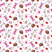 Valentine's day seamless pattern with candies, confetti, garland, lips. On a white background, in a hand-drawn style. For web backgrounds, fabrics, wrapping paper, decoration. vector