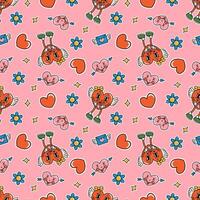 Seamless pattern in groovy style. Cute Valentine's Day Background Pattern. Ideal for baby clothes, textiles, packaging, web backgrounds, fabrics, wrapping paper, decoration. vector