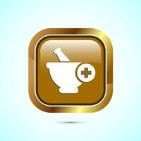 Mortar and pestle icon design illustration. Pharmacy sign symbol for app, website, and logo. Gold color square button design vector