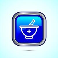 Mortar and pestle icon design illustration. Pharmacy sign symbol for app, website, and logo. Blue color square button design vector