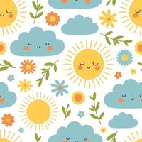 Seamless pattern with cute suns and clouds, branches and flowers on white background. Sunny weather. Spring or summer childish print. Flat illustration for wallpaper, textile, packaging vector