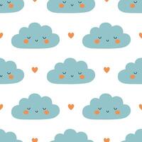 Seamless pattern with cute blue clouds with smiling faces and hearts on white background. Cloudy weather. Simple childish print. Flat illustration for wallpaper, textile, packaging vector