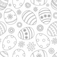 Contour seamless pattern with easter eggs and flowers. Cute outline holiday texture. Coloring page for print. illustration on white background vector