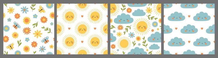 Spring season seamless patterns set. Collection of backgrounds with suns, clouds, flowers, branches and butterflies on white background. Flat illustration for wallpaper, textile, packaging vector