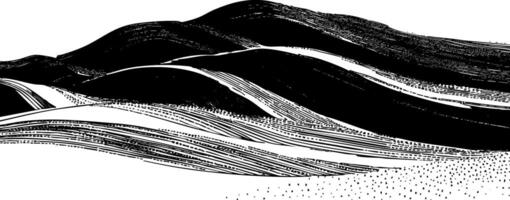 Abstract black and white landscape with flowing lines and waves. vector