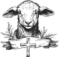 Illustration of a lamb with a cross on a decorative banner. vector