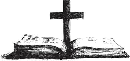 Monochrome illustration of an open Bible with a cross symbol. vector