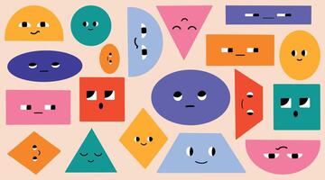 Set of Various bright basic Geometric Figures with face emotions. Different shapes. Hand drawn illustration for kids. Cute funny characters. vector