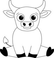 cute bull graphic line character. Cow, farm animal emblem. Drawing simple black and white illustration on transparent background, chinese new year vector