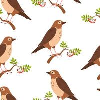 Colorful birds perched on branches among leaves and berries in a cheerful pattern design vector