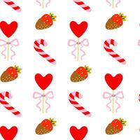 Colorful pattern with hearts, strawberries, and candy canes on a white background vector