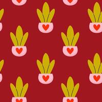 Colorful pattern featuring heart-shaped plant pots on a deep red background vector