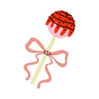 Bright red cake pop with sprinkles and a pink ribbon in a minimalist style vector