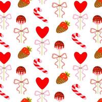 Colorful pattern featuring hearts, candies, and strawberries on a white background vector