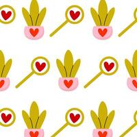 Playful pattern featuring plants and magnifying glasses with hearts in a cheerful design vector