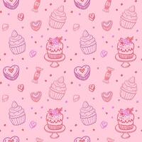Pink Dessert Pattern with Cakes and Hearts vector