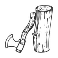 Wood log with axe. Hand drawn sketch illustration. vector