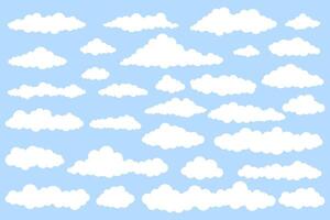 Clouds Icon Collection for Weather and Web Design. White Clouds Different Shapes on Blue Background. vector