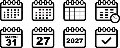Calendar icon set. Date, schedule, month, week, appointment, agenda, organization and event icons. 2027 vector