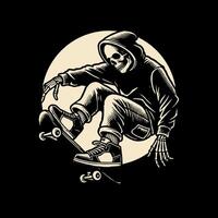 skull with skateboard art illustration isolated on black background vector