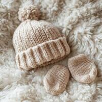 A knitted hat and mittens on a white blanket photo