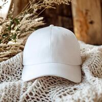 A white baseball cap on a knitted blanket photo