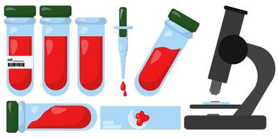 Set of test tubes and microscope for blood analysis, equipment for laboratory research vector