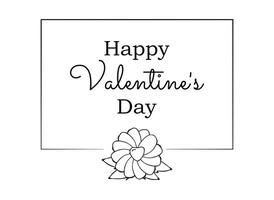 Outline Flower in Frame. Holiday Card text Happy Valentine Day. Contour bud with heart. Hand drawn wildflower, daisy. Horizontal greeting card, floral element, border. Monochrome. illustration vector