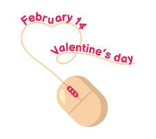 Computer Mouse, Heart shaped wire. Valentine day holiday card. White laptop Device for cursor control with wheel. Technology, equipment. Congratulatory banner for IT. Flat color illustration vector