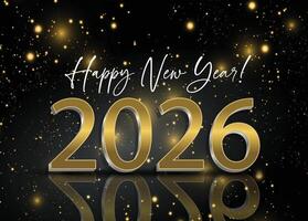2026 New Year celebrate card featuring shimmering golden glitter on a black backdrop. vector