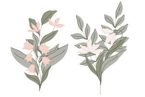 Elegant botanical flat illustration with soft green leaves and pastel pink flowers, lilies of the valley and snowdrops. Minimalist design with a muted color palette, perfect for spring decor vector