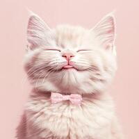 Happy fluffy kitten with a pink bow tie against a soft pink background creating an adorable atmosphere photo
