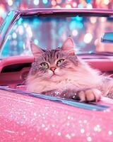 Glamorous cat relaxes in sparkling pink convertible with colorful lights in the background photo