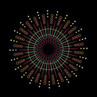 Radiant firework burst with colorful spark rays on black background. Abstract sunburst graphic featuring light flash and explosion. Circular flare design with shining sparks vector