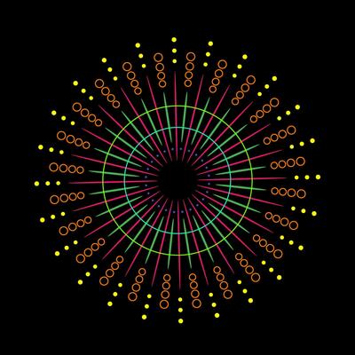 Radiant firework burst with colorful spark rays on black background. Abstract sunburst graphic featuring light flash and explosion. Circular flare design with shining sparks