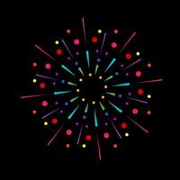 Vivid firework outbreak with radiant spark flare. Abstract explosion graphic with colorful sunburst rays. Shining banger design isolated on black background vector