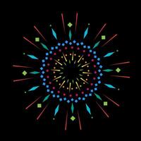Colorful fireworks spark burst with radiant light. Abstract outburst flare inspired by firecracker explosion on black background. Shining sunray graphic design element vector