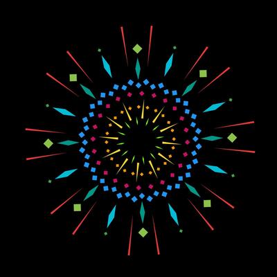 Colorful fireworks spark burst with radiant light. Abstract outburst flare inspired by firecracker explosion on black background. Shining sunray graphic design element