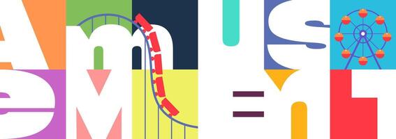 Modern festive amusement park horizontal banner with abstract Ferris wheel. Minimal geometric carnival flyer featuring creative typography and carousel. Simple fun fair festival billboard design vector