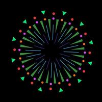 Vibrant firework explosion with radiant spark rays. Abstract light flash and burst icon with a colorful sunburst effect on black background vector