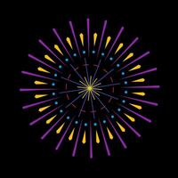 Colorful banger flare with radiant sunrays. Firecracker spark outburst design showing light explosion. Abstract fireworks inspired burst graphic on dark backdrop vector