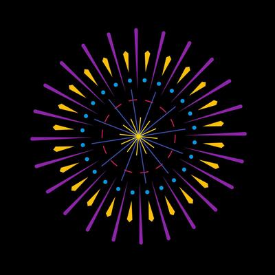 Colorful banger flare with radiant sunrays. Firecracker spark outburst design showing light explosion. Abstract fireworks inspired burst graphic on dark backdrop
