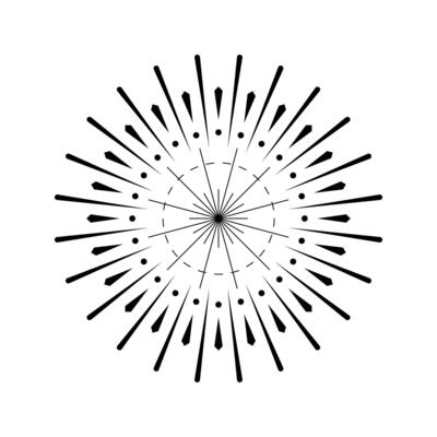 Sunburst graphic featuring firework spark outburst. Radiant light explosion with circular flare design. Firecracker inspired icon in black and white isolated form