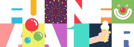 Bold funfair text horizontal banner. Amusement park stylish modern invitation. Carnival artistic flyer with abstract fireworks, clown, balloons and ice cream. Geometric fun fair billboard layout vector