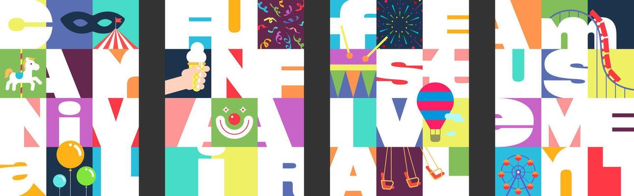 Vibrant amusement park poster set with Ferris wheel, circus tent, hot air balloon and fireworks. Colorful carnival funfair designs featuring ice cream and carousel. Modern festival graphic placards