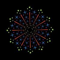 Firecracker inspired spark outbreak featuring radiant colorful light. Circular burst flare with shining fireworks effect. Abstract design on black background vector