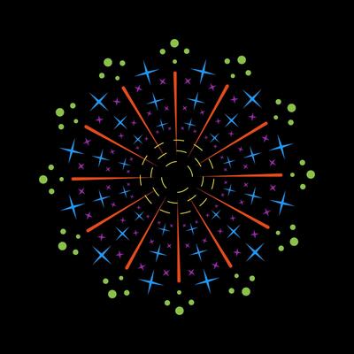 Firecracker inspired spark outbreak featuring radiant colorful light. Circular burst flare with shining fireworks effect. Abstract design on black background